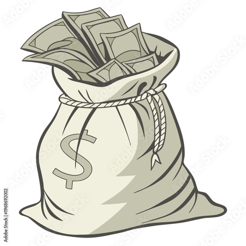 A cartoon illustration depicts a bulging sack overflowing with us currency suggesting wealth and financial abundance high quality professional detailed