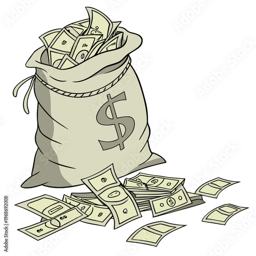 A beige sack overflows with numerous us dollar bills some scattered on the surface below depicting wealth high quality professional
