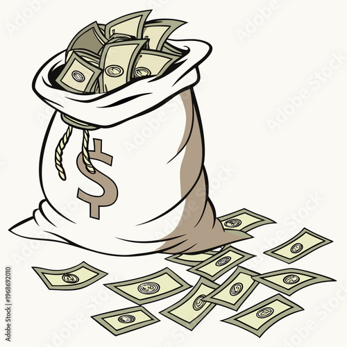 An overflowing bag of money with dollar signs and scattered bills suggests wealth fortune and financial abundance high quality professional