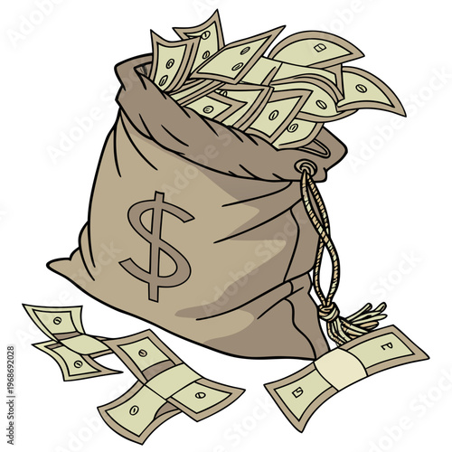 A detailed illustration depicts a brown drawstring bag overflowing with us dollar bills and scattered money below high quality professional