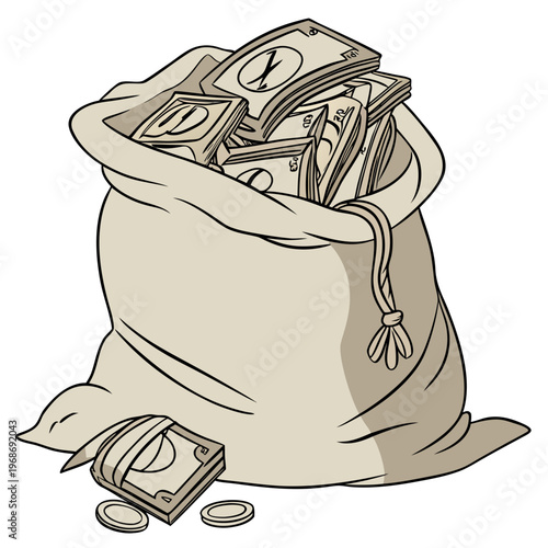 A hand drawn illustration depicts a bulging sack overflowing with stacks of money and loose coins high quality professional detailed