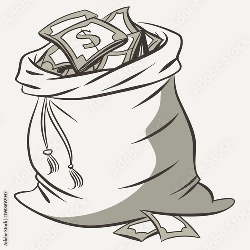 A simple illustrative drawing depicts a bulging sack overflowing with stacks of us dollar bills and currency high quality professional