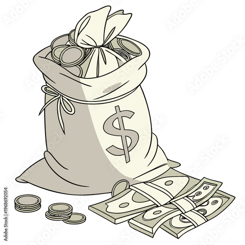 A hand drawn illustration depicts a full bag of money with coins and stacks of cash spilling outwards high quality
