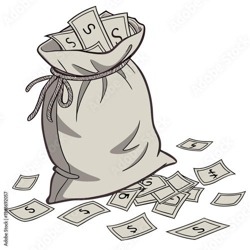 A detailed illustration depicts a burlap sack overflowing with us dollar bills and scattered currency on a white background