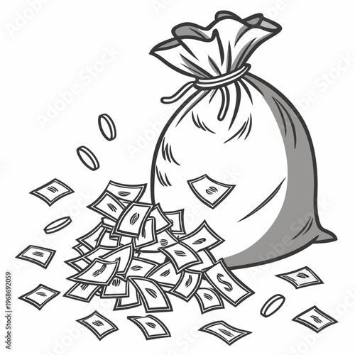 A sketch depicts a full sack overflowing with various coins and paper currency suggesting wealth or financial gain high quality