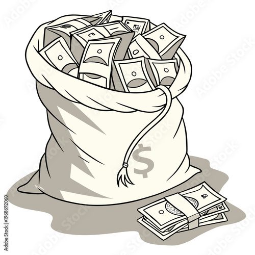 An overflowing sack of money illustrated in a simple sketch style depicts wealth and financial abundance with a dollar sign