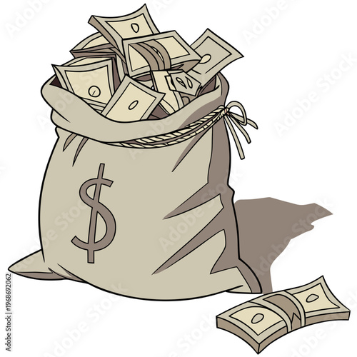 A beige drawstring bag overflows with numerous dollar bills depicting wealth and finances with a single bill falling out