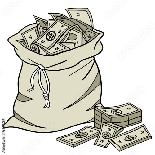 A hand drawn illustration depicts a beige bag overflowing with us dollar bills and a stack of cash nearby