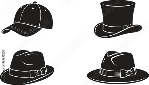 A collection of four different black hats on a white background