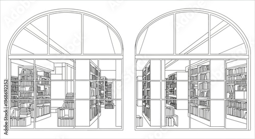 Architectural Library Interior Design Sketch with Bookshelves.