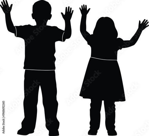 Silhouette Illustration of a Little Boy and Girl with Hands Raised in Celebration for Happy Childhood School and Community Design