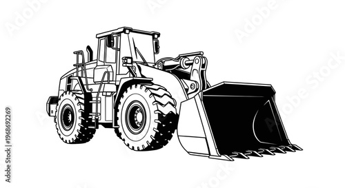 Detailed illustration of a heavy duty construction wheel loader machine.