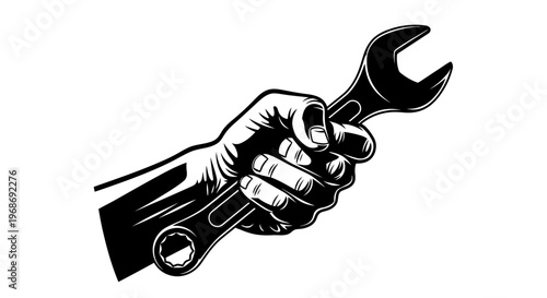Hand firmly gripping wrench tool ready for mechanical repair work.