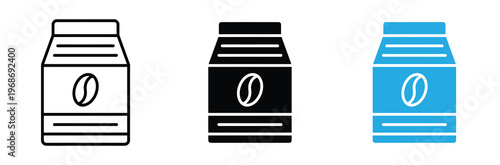 Coffee jar icons in black and blue with coffee bean on white background