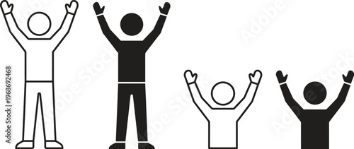 Four stick figures with their arms raised in celebration on a white background