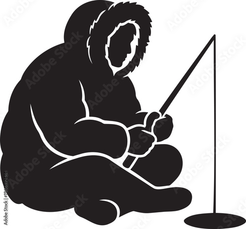 Inuit person ice fishing silhouette sitting by a frozen hole with rod, winter survival and traditional hunting activity, arctic fisherman character vector icon on white background.