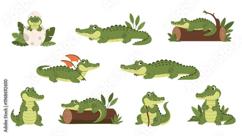 Adorable collection of cartoon crocodiles and alligators shown in various playful poses such as sitting on a log and hatching from an egg.