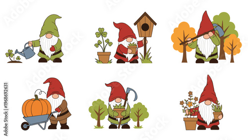 Collection of whimsical garden gnomes engaged in different seasonal activities like watering plants, using a wheelbarrow, and gardening.