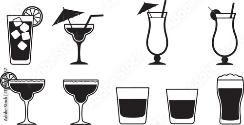 Various types of glasses and containers with different shapes and fills Vector