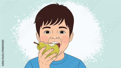 Young boy with dark hair enjoying a healthy snack by taking a bite out of a fresh green pear against a textured blue and white background.