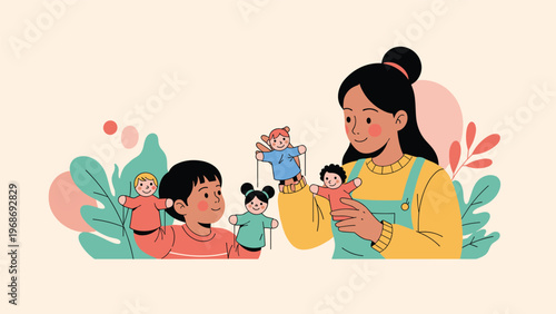 Young woman and a small boy enjoying quality time together by playing with several colorful hand puppets featuring different characters.