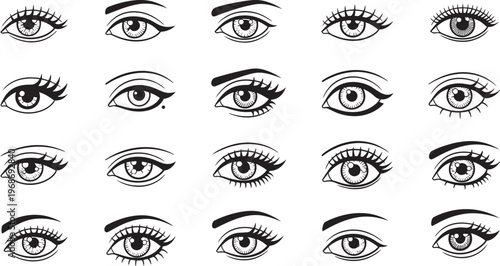 Set of eye icons with different styles showing beauty makeup and human eye details in vector illustration