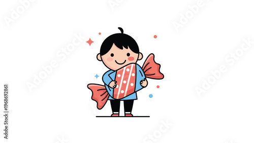 Adorable young boy with black hair smiling while hugging a giant wrapped candy piece, illustrated in a cute and simple cartoon style.