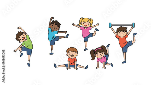 Diverse group of kids engaged in physical education activities like stretching, balance poses, and weightlifting in a cute cartoon style.