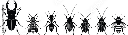 Collection of insect silhouettes featuring stag beetle, wasp, ant, cricket, cockroach, and honey bee isolated on white background for nature design