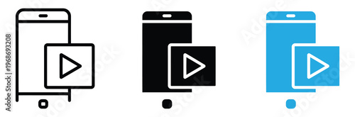 Mobile devices with play button icons on screen for video streaming and playback