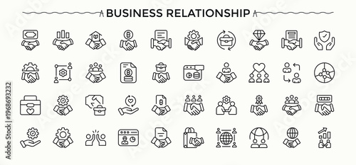 Business Relationship modern icon set. Minimalist linear icons. Cooperation icon set. It contains symbols to relationship, negotiation, partner, partnership, cooperation, collaboration and more.