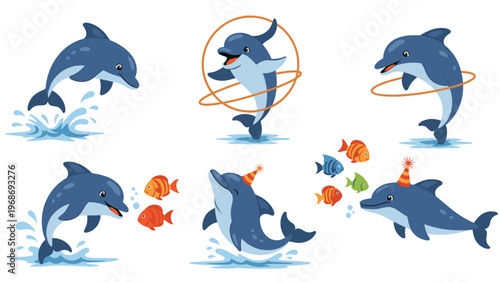 Playful blue dolphins performing tricks with hoops and wearing party hats while swimming with colorful tropical fish in the deep ocean.