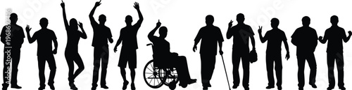 Diverse group of people silhouettes standing together with inclusive representation including person in wheelchair and elderly man with walking cane