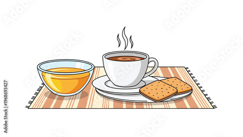 Simple and elegant breakfast set consisting of a hot cup of coffee, a bowl of honey, and square crackers served on a striped fabric mat.