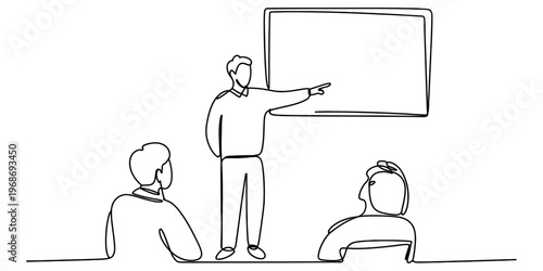 A minimalist continuous line drawing depicting a teacher presenting information to his students Vector, illustration