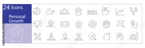 Personal growth icon set featuring self development, goal setting, motivation, success, and mindset improvement symbols. Clean vector icons ideal for coaching, education,