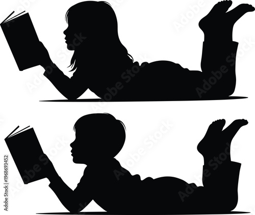 Black silhouettes of a young girl and boy lying down and reading books isolated on white background for education concepts.