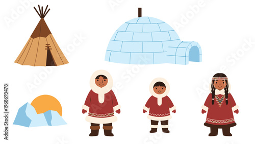 Elements of inuit and indigenous arctic culture featuring a traditional igloo, a tipi, arctic clothing, and snowy mountain landscape.
