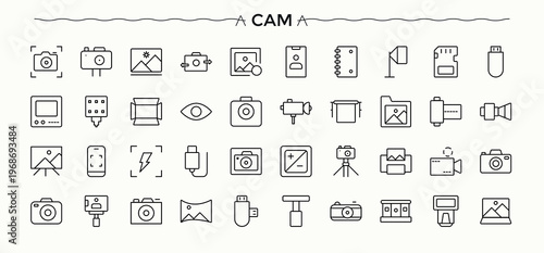 Camera icon set. Camera thin ui icons. Simple line vector icons. Media linear icon collection. Editable stroke vector art.