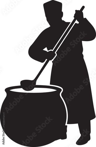 Professional chef silhouette stirring a large cooking pot with a ladle, baker or cook preparing food in kitchen, restaurant catering service icon, black vector illustration on white.