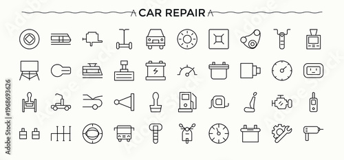 Car Repair related icon set. Car Parts icon set. Includes thin line symbols auto, vehicle, gear, automatic, automotive, auto service and more. Editable vector.