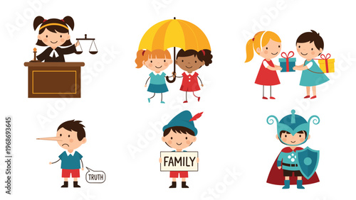 Children acting out important social values and concepts like justice, sharing, generosity, honesty, family, and bravery in a simple style.