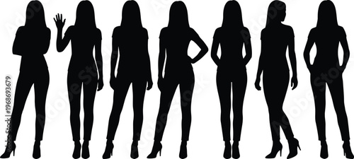 Black silhouettes of different women standing in various poses and gestures isolated on white background for fashion and lifestyle concepts.