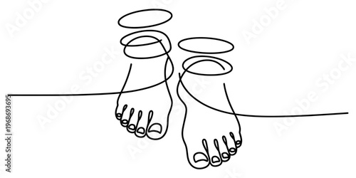 A minimalist single line drawing of two human feet depicting a simple and clean artistic style. Vector, illustration