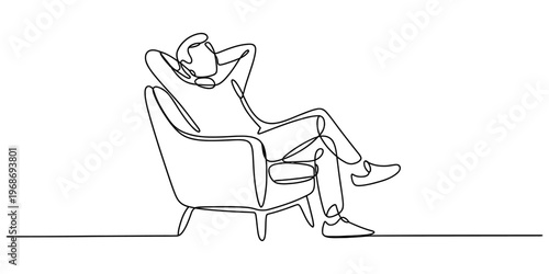 A single continuous line drawing of a relaxed person sitting comfortably in an armchair at home Vector, illustration