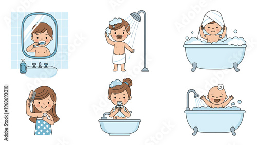 Cute cartoon characters illustrating basic personal hygiene habits such as brushing teeth, washing hands, and taking a bath or shower.