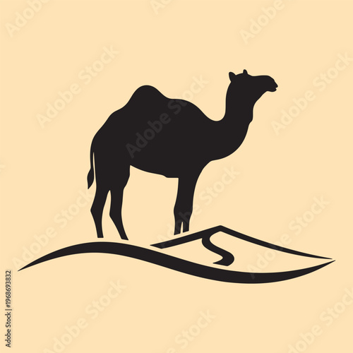 Camel Desert Silhouette Vector - Black Dromedary Standing on Sand Dunes Icon