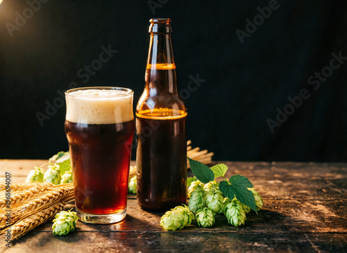 glass of dark stout beer and bottle on dark background