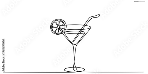 Minimalist continuous line drawing of a classic martini glass with a citrus slice and a straw Vector, illustration