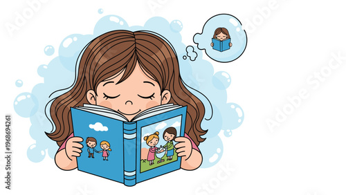 Young girl lost in her imagination while reading a book about family, surrounded by soft blue bubbles in a gentle and charming illustration.